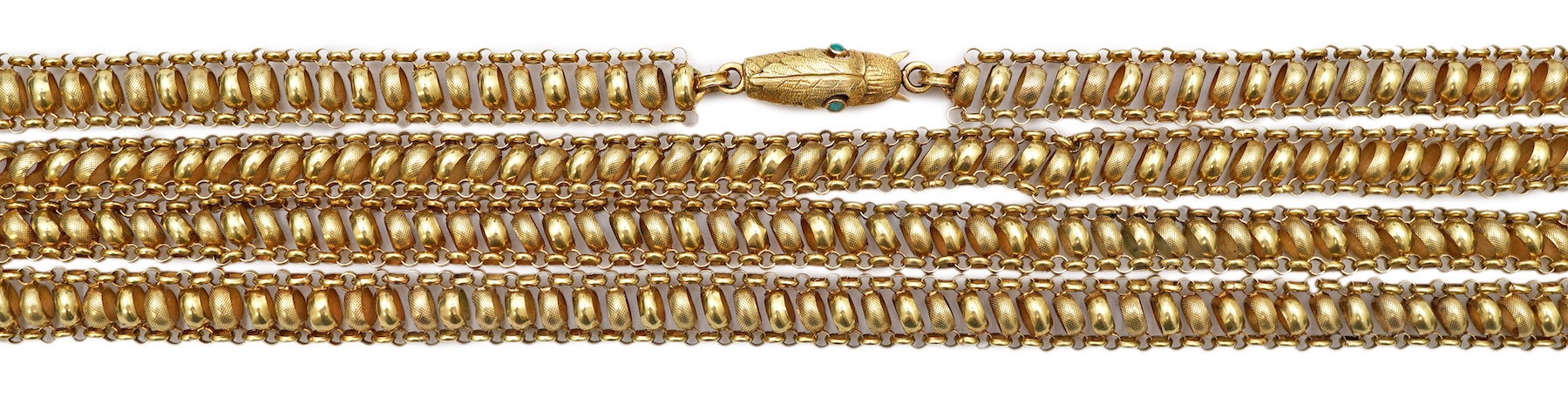 A gold long guard chain, 19th century